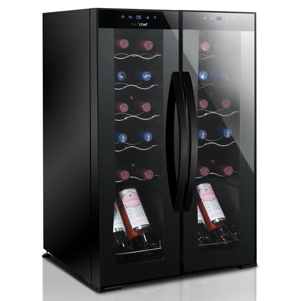 nutrichef Wine Chilling Refrigerator Cellar - Dual-Zone Wine Cooler/Chiller Digital Touch Button Control With Air Tight Seal Contains Placement For Standing Bottles (24 Bottle Storage Capacity)