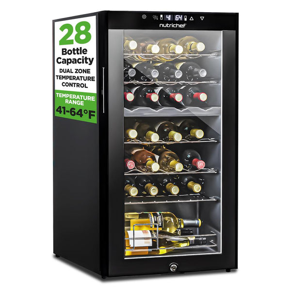 nutrichef Wine Chilling Refrigerator Cellar - Dual-Zone Wine Cooler/Chiller Digital Touch Button Control With Air Tight Seal Contains Placement For Standing Bottles (28 Bottle Storage Capacity)