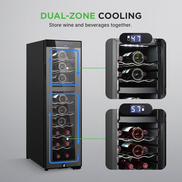 Nutrichef Wine Chilling Refrigerator Cellar - Dual-Zone Wine Cooler/Chiller Digital Touch Button Control With Air Tight Seal Contains Placement For Standing Bottles