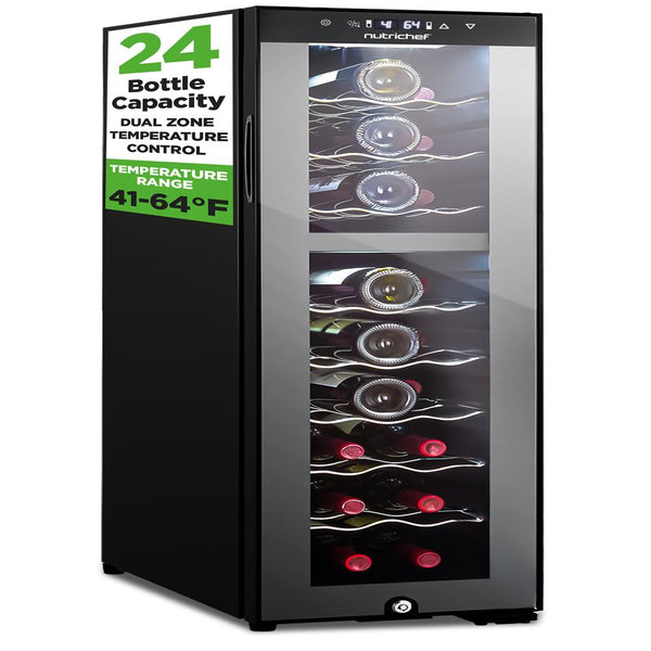 nutrichef Wine Chilling Refrigerator Cellar - Dual-Zone Wine Cooler/Chiller Digital Touch Button Control With Air Tight Seal Contains Placement For Standing Bottles