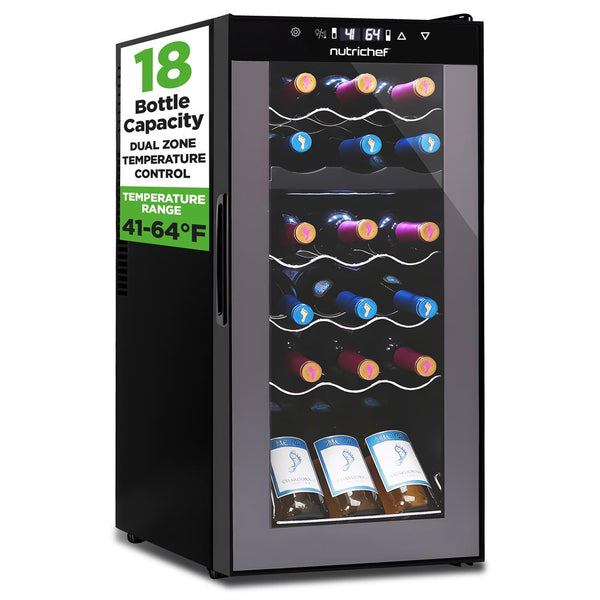 nutrichef Wine Chilling Refrigerator Cellar - Dual-Zone Wine Cooler/Chiller Digital Touch Button Control With Air Tight Seal Contains Placement For Standing Bottles (18 Bottle Storage Capacity)