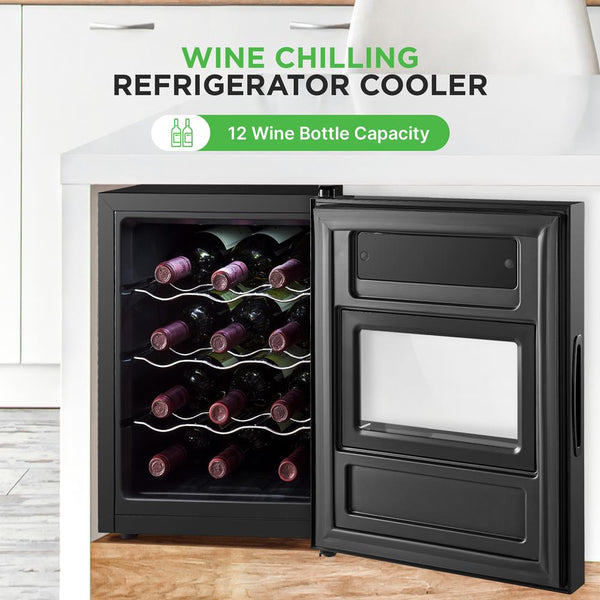 Nutrichef Wine Chilling Refrigerator Cellar - Single-Zone Wine Cooler/Chiller Digital Touch Button Control With Air Tight Seal Contains Placement For Standing Bottles (12 Bottle Storage Capacity)