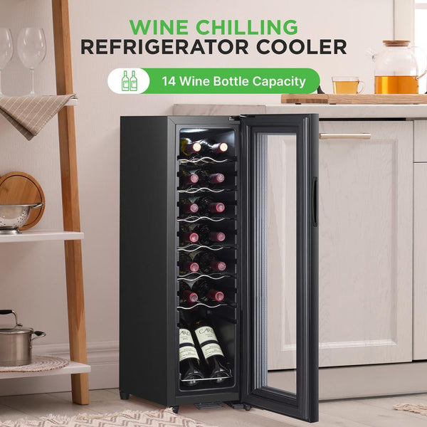 Nutrichef Wine Chilling Refrigerator Cellar - Single-Zone Wine Cooler/Chiller Digital Touch Button Control With Air Tight Seal Contains Placement For Standing Bottles (14 Bottle Storage Capacity)