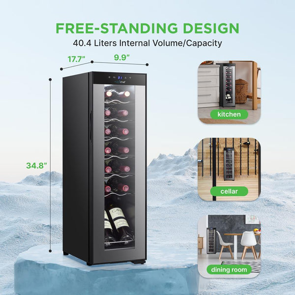 Nutrichef Wine Chilling Refrigerator Cellar - Single-Zone Wine Cooler/Chiller Digital Touch Button Control With Air Tight Seal Contains Placement For Standing Bottles (14 Bottle Storage Capacity)