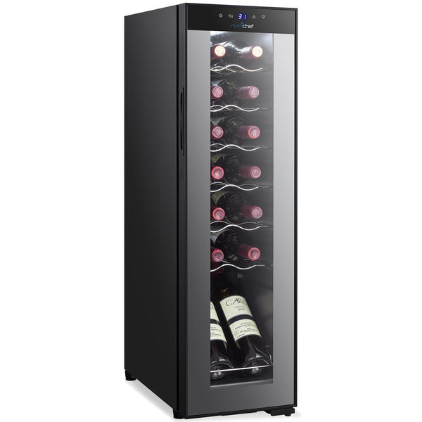 nutrichef Wine Chilling Refrigerator Cellar - Single-Zone Wine Cooler/Chiller Digital Touch Button Control With Air Tight Seal Contains Placement For Standing Bottles (14 Bottle Storage Capacity)
