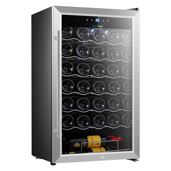 nutrichef Wine Chilling Refrigerator Cellar - Single-Zone Wine Cooler/Chiller Digital Touch Button Control With Air Tight Seal Contains Placement For Standing Bottles (34 Bottle Storage Capacity)