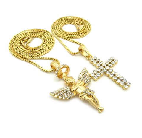 Nyfashion101 2 Row Stone Cross & Stone Stud Halo Angel Pendant Set W/ 24" & 30" Box Chain Necklaces In Gold-Tone