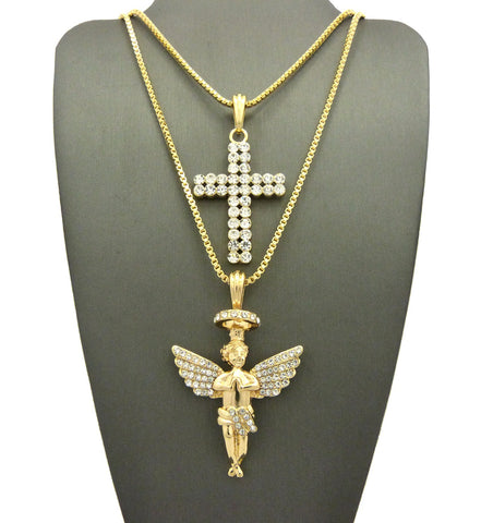 Nyfashion101 2 Row Stone Cross & Stone Stud Halo Angel Pendant Set W/ 24" & 30" Box Chain Necklaces In Gold-Tone