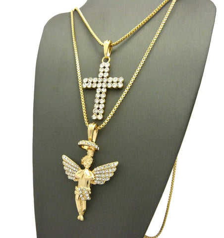 Nyfashion101 2 Row Stone Cross & Stone Stud Halo Angel Pendant Set W/ 24" & 30" Box Chain Necklaces In Gold-Tone