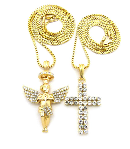 nyfashion101 2 Row Stone Cross & Stone Stud Halo Angel Pendant Set w/ 24" & 30" Box Chain Necklaces in Gold-Tone