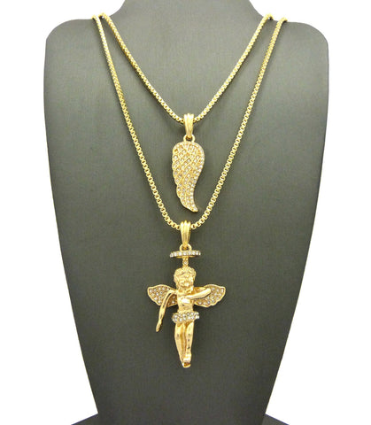 Nyfashion101 Angel Wing Pendant & Baby Halo Angel Pendant Set W/ Chain Necklace