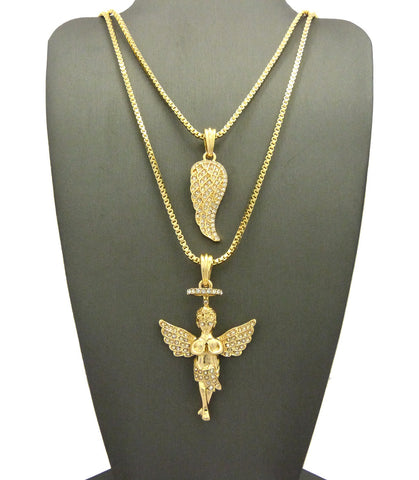 nyfashion101 Angel Wing Pendant & Baby Halo Angel Pendant Set w/ Chain Necklace