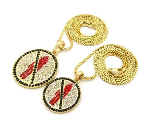 Nyfashion101 Black Stone Border Rapper Music Video Monster Logo Pendant Set W/ 2mm Box Chain Necklaces In Gold-Tone