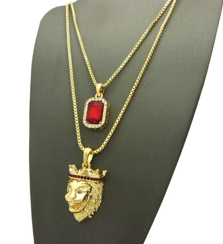 Nyfashion101 Black Stone Crown King Lion & Gemstone Pendant Set W/ Chain Necklace
