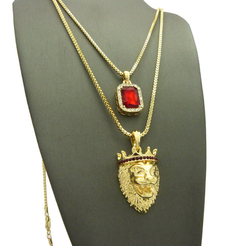 Nyfashion101 Black Stone Crown King Lion & Gemstone Pendant Set W/ Chain Necklace