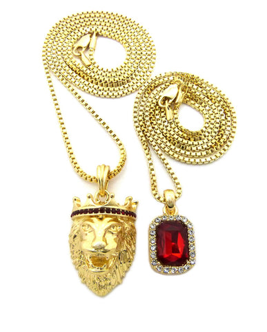 Nyfashion101 Black Stone Crown King Lion & Gemstone Pendant Set W/ Chain Necklace