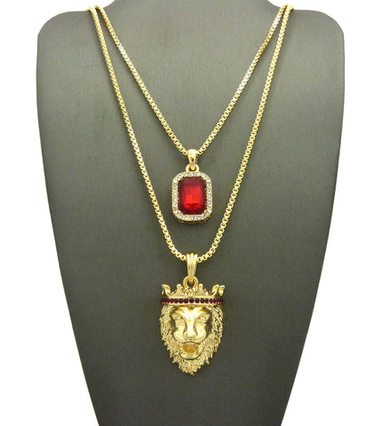 nyfashion101 Black Stone Crown King Lion & Gemstone Pendant Set w/ Chain Necklace