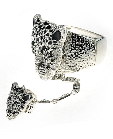 Nyfashion101 Bohemian Stone Stud Jaguar Head Arm Cuff Slave Bracelet With Ring In Silver-Tone