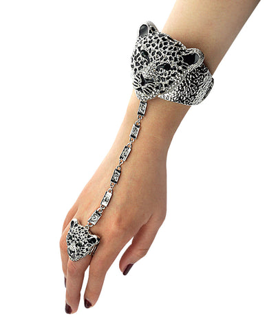 nyfashion101 Bohemian Stone Stud Jaguar Head Arm Cuff Slave Bracelet with Ring in Silver-Tone