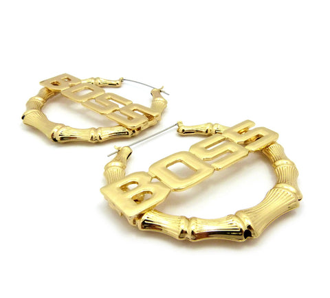 Nyfashion101 BOSS Charm Bamboo Door Knocker Hoop Pincatch Earrings Gold-Tone