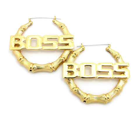 nyfashion101 BOSS Charm Bamboo Door Knocker Hoop Pincatch Earrings Gold-Tone