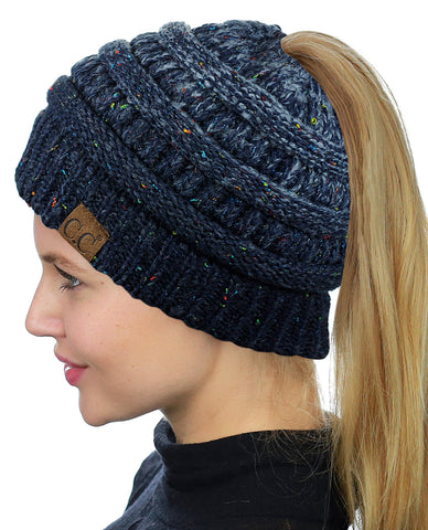 Nyfashion101 C.C BeanieTail Soft Stretch Cable Knit Messy High Bun Ponytail Beanie Hat Confetti Ombre Black