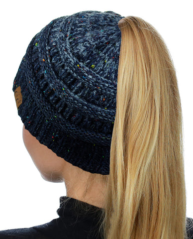 Nyfashion101 C.C BeanieTail Soft Stretch Cable Knit Messy High Bun Ponytail Beanie Hat Confetti Ombre Black