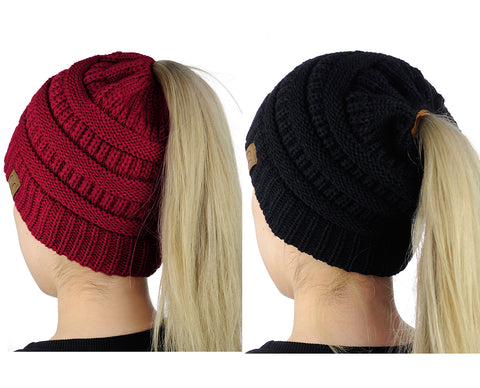 Nyfashion101 C.C BeanieTail Soft Stretch Cable Knit Messy High Bun Ponytail Beanie Hat - 2 Pack