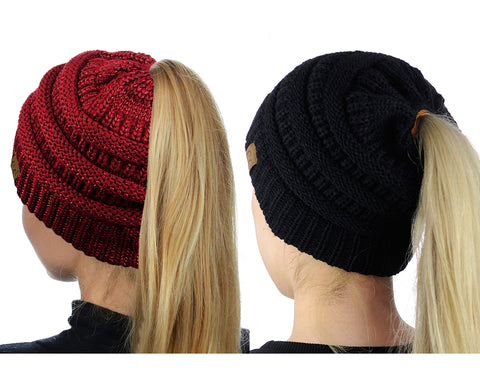 Nyfashion101 C.C BeanieTail Soft Stretch Cable Knit Messy High Bun Ponytail Beanie Hat - 2 Pack