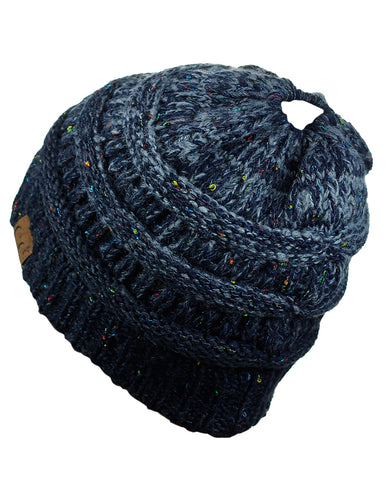 Nyfashion101 C.C BeanieTail Soft Stretch Cable Knit Messy High Bun Ponytail Beanie Hat Confetti Ombre Black
