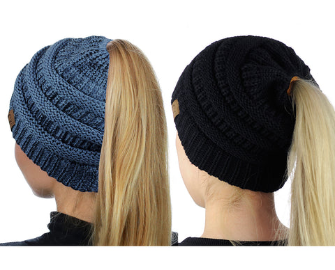 Nyfashion101 C.C BeanieTail Soft Stretch Cable Knit Messy High Bun Ponytail Beanie Hat - 2 Pack