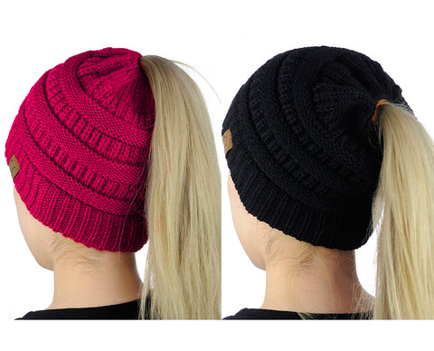 nyfashion101 C.C BeanieTail Soft Stretch Cable Knit Messy High Bun Ponytail Beanie Hat - 2 Pack