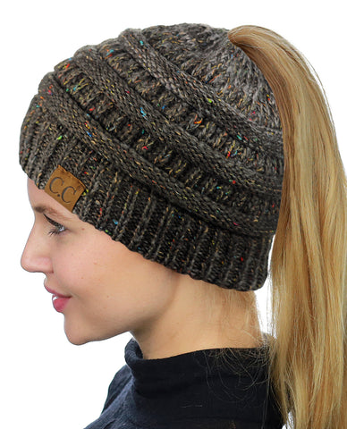 nyfashion101 C.C BeanieTail Soft Stretch Cable Knit Messy High Bun Ponytail Beanie Hat Confetti Ombre Black