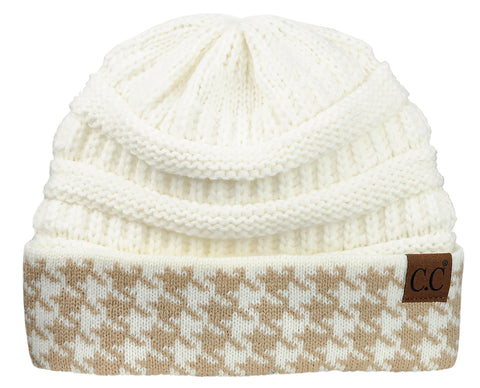 Nyfashion101 C.C Cable Knit Soft Stretch Multicolor Houndstooth Stitch Cuff Skully Beanie Hat