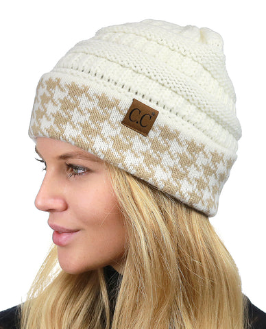 Nyfashion101 C.C Cable Knit Soft Stretch Multicolor Houndstooth Stitch Cuff Skully Beanie Hat