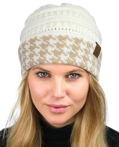 Nyfashion101 C.C Cable Knit Soft Stretch Multicolor Houndstooth Stitch Cuff Skully Beanie Hat