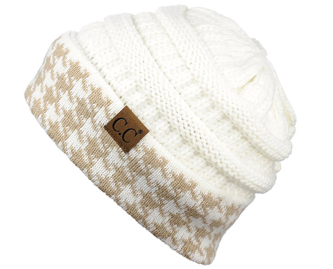 nyfashion101 C.C Cable Knit Soft Stretch Multicolor Houndstooth Stitch Cuff Skully Beanie Hat