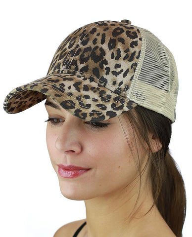 Nyfashion101 C.C Leopard Print Faux Suede Front Panel Mesh Back Precurved Baseball Cap Hat