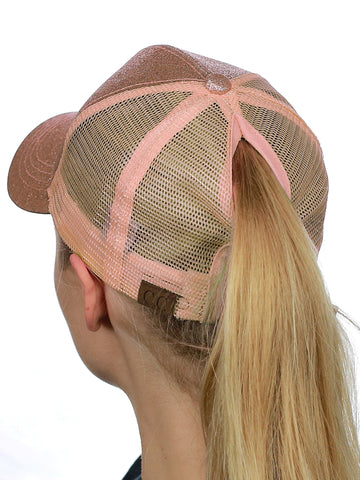 Nyfashion101 C.C Ponycap Messy High Bun Ponytail Adjustable Glitter Mesh Trucker Baseball Cap Rose Gold