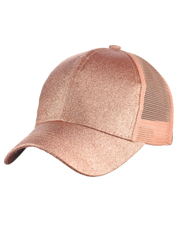 Nyfashion101 C.C Ponycap Messy High Bun Ponytail Adjustable Glitter Mesh Trucker Baseball Cap Rose Gold