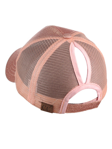 Nyfashion101 C.C Ponycap Messy High Bun Ponytail Adjustable Glitter Mesh Trucker Baseball Cap Rose Gold