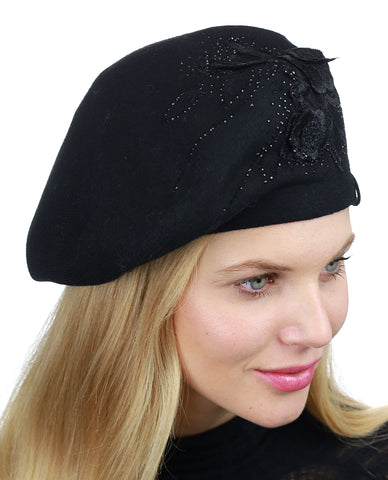 Nyfashion101 C.C Rhinestone Embellished Embroidered Flower French Style Angora Beret