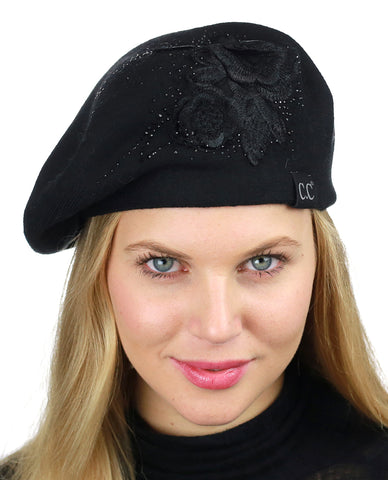 Nyfashion101 C.C Rhinestone Embellished Embroidered Flower French Style Angora Beret
