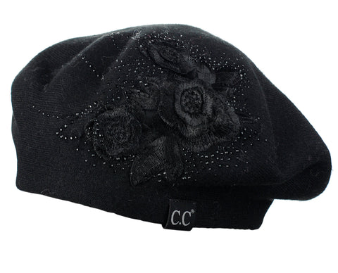 nyfashion101 C.C Rhinestone Embellished Embroidered Flower French Style Angora Beret