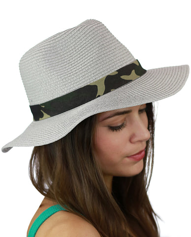 Nyfashion101 C.C Teardrop Dent Paper Woven Panama Sun Beach Hat With Camouflage Band