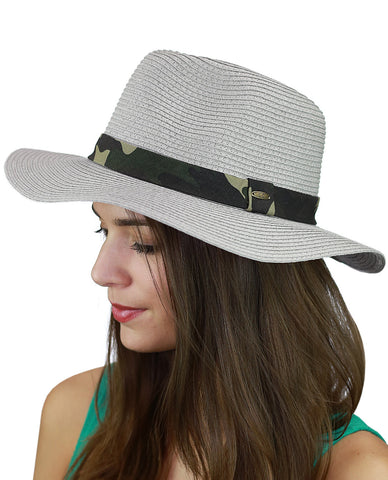 Nyfashion101 C.C Teardrop Dent Paper Woven Panama Sun Beach Hat With Camouflage Band