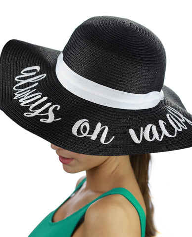 Nyfashion101 C.C Women's Paper Weaved Crushable Beach Embroidered Quote Floppy Brim Sun Hat Always On Vacay