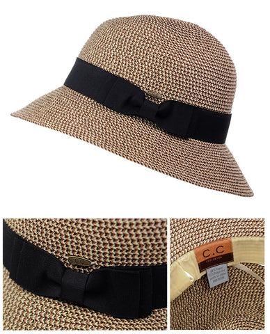 Nyfashion101 C.C Women's Paper Woven Cloche Bucket Hat With Black Bow Band