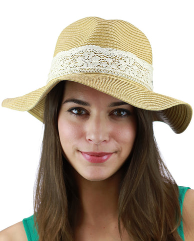 Nyfashion101 C.C Women's Paper Woven Panama Sun Beach Hat With Lace Trim Natural