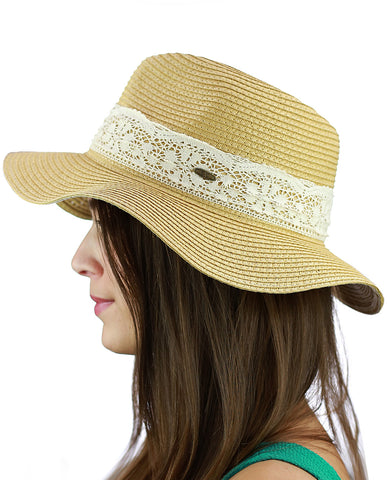 Nyfashion101 C.C Women's Paper Woven Panama Sun Beach Hat With Lace Trim Natural